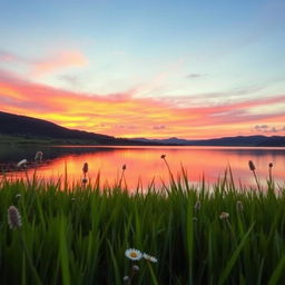 A serene landscape featuring a beautiful sunset over a peaceful lake, with vibrant shades of orange, pink, and purple reflecting in the still water