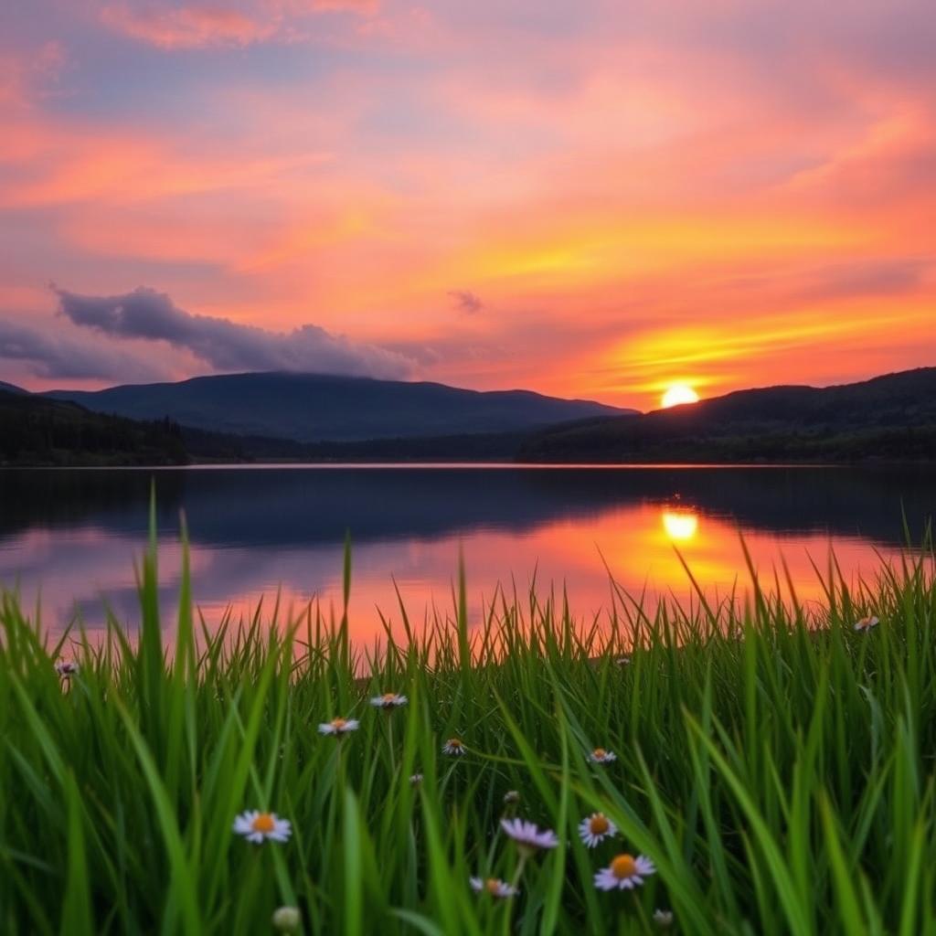 A serene landscape featuring a beautiful sunset over a peaceful lake, with vibrant shades of orange, pink, and purple reflecting in the still water