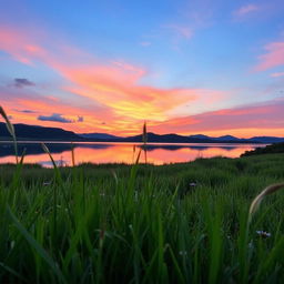 A serene landscape featuring a beautiful sunset over a peaceful lake, with vibrant shades of orange, pink, and purple reflecting in the still water