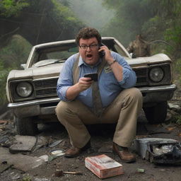 Portray Dennis Nedry, visibly panicked amidst the wreckage of his car, intensely dialing Dr. Alan Grant on his phone. His request for help crackles over the line, echoing in Grant's computer room on Isla Nublar.