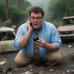 Portray Dennis Nedry, visibly panicked amidst the wreckage of his car, intensely dialing Dr. Alan Grant on his phone. His request for help crackles over the line, echoing in Grant's computer room on Isla Nublar.