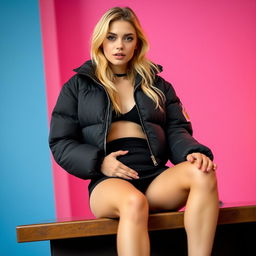 A stylish young woman with blonde hair and fair skin, wearing a black cropped puffer jacket zipped open, revealing a hint of her outfit beneath