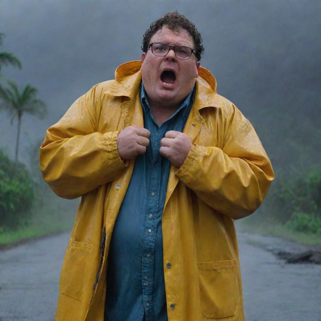 Amplify the drama by capturing a distraught Dennis Nedry, ignored phone call in hand, crying under his slick, yellow raincoat. His desperation is underlined by the stormy backdrop of the disrupted Jurassic Park on Isla Nublar.