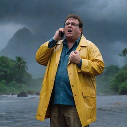 Amplify the drama by capturing a distraught Dennis Nedry, ignored phone call in hand, crying under his slick, yellow raincoat. His desperation is underlined by the stormy backdrop of the disrupted Jurassic Park on Isla Nublar.