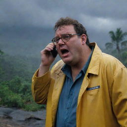 Amplify the drama by capturing a distraught Dennis Nedry, ignored phone call in hand, crying under his slick, yellow raincoat. His desperation is underlined by the stormy backdrop of the disrupted Jurassic Park on Isla Nublar.