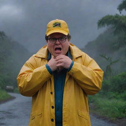 Amplify the drama by capturing a distraught Dennis Nedry, ignored phone call in hand, crying under his slick, yellow raincoat. His desperation is underlined by the stormy backdrop of the disrupted Jurassic Park on Isla Nublar.