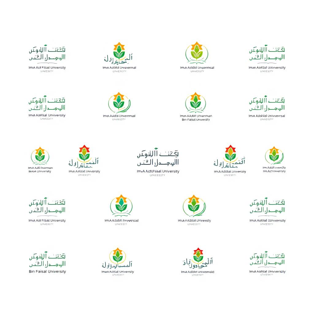 A variety of small versions of the Imam Abdulrahman Bin Faisal University logo, arranged in a dynamic pattern that showcases the diversity of the logo's design