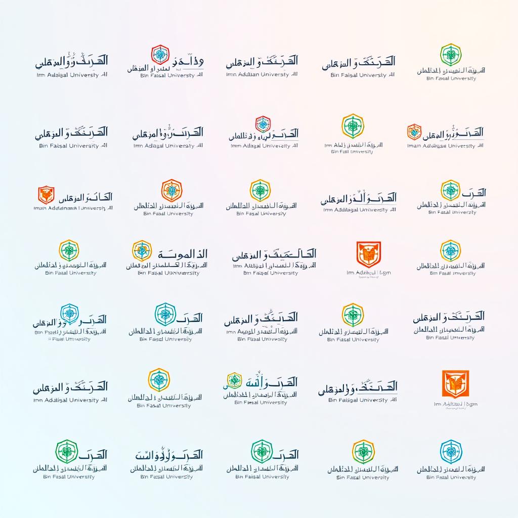 A variety of small versions of the Imam Abdulrahman Bin Faisal University logo, arranged in a dynamic pattern that showcases the diversity of the logo's design