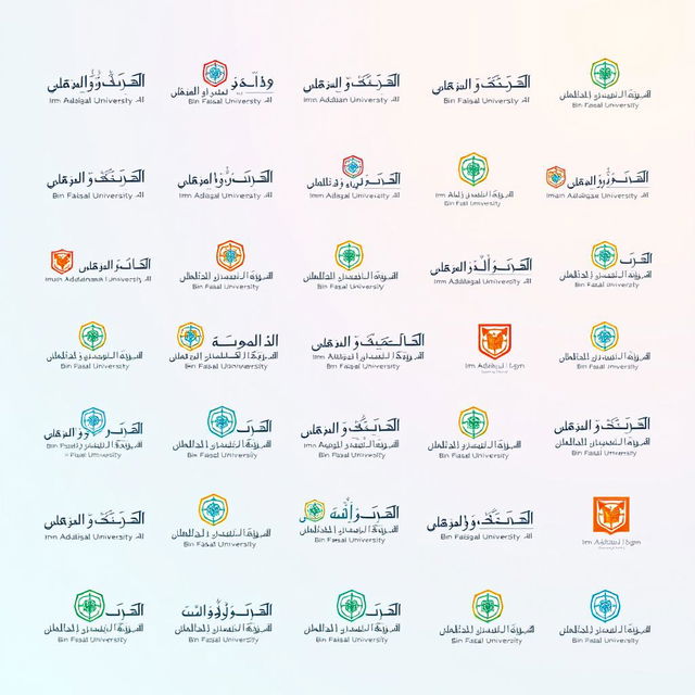 A variety of small versions of the Imam Abdulrahman Bin Faisal University logo, arranged in a dynamic pattern that showcases the diversity of the logo's design