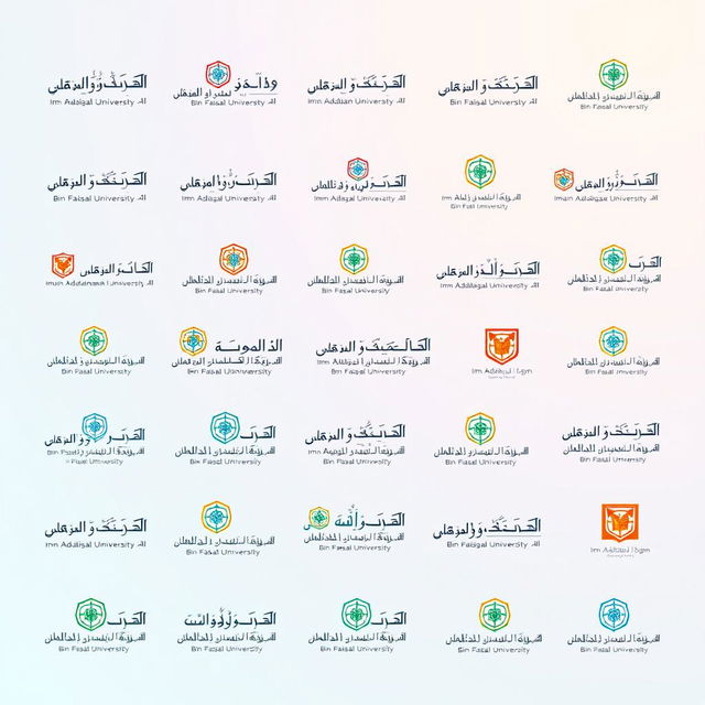 A variety of small versions of the Imam Abdulrahman Bin Faisal University logo, arranged in a dynamic pattern that showcases the diversity of the logo's design