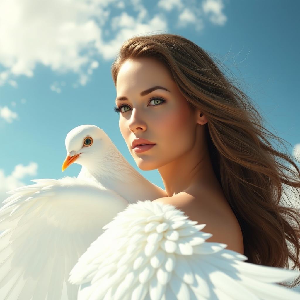 A stunning depiction of Megan Fox transformed into a glamorous dove, combining her striking features with soft, flowing white feathers