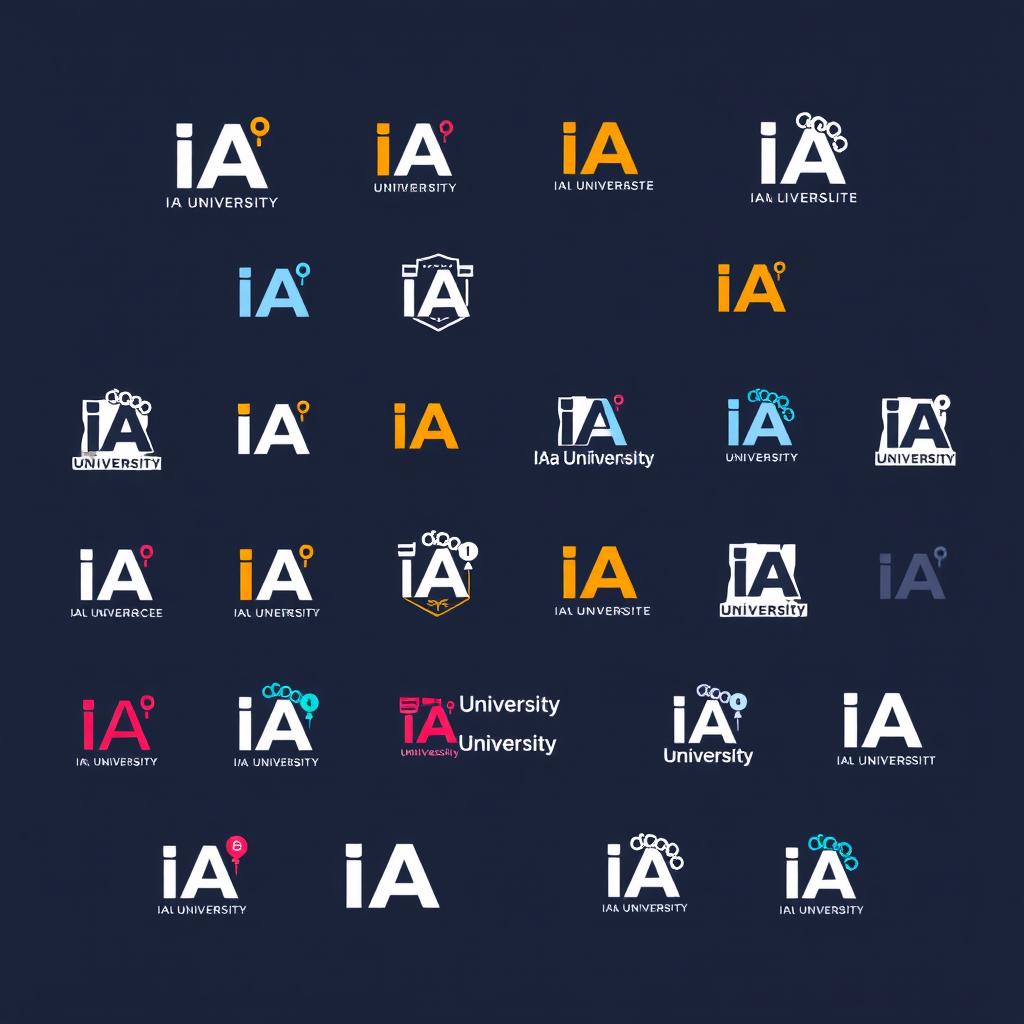 A variety of small versions of an imaginative and stylized university logo representing the concept of an 'IA University'