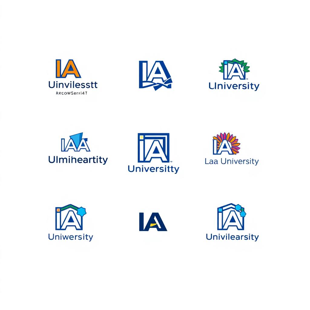 A variety of small versions of an imaginative and stylized university logo representing the concept of an 'IA University'