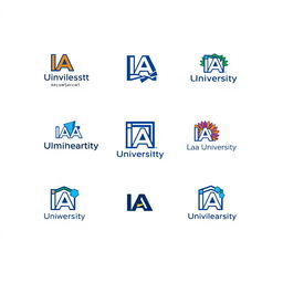 A variety of small versions of an imaginative and stylized university logo representing the concept of an 'IA University'