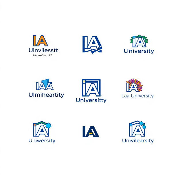 A variety of small versions of an imaginative and stylized university logo representing the concept of an 'IA University'