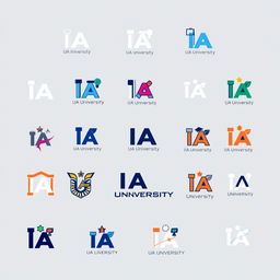 A variety of small versions of an imaginative and stylized university logo representing the concept of an 'IA University'