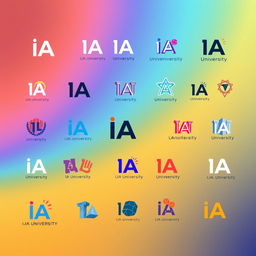 A variety of small versions of an imaginative and stylized university logo representing the concept of an 'IA University'