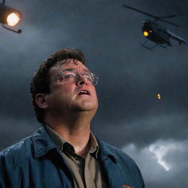 Create a beacon of hope in Dennis Nedry's desperate situation. His tearful face looks up to see an InGen-branded helicopter breaking through the stormy sky, its lights piercing the rain-drenched darkness swirling around Isla Nublar's Jurassic Park.