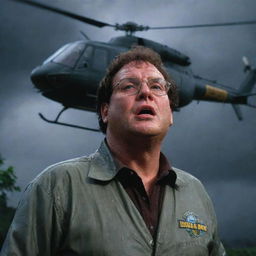 Create a beacon of hope in Dennis Nedry's desperate situation. His tearful face looks up to see an InGen-branded helicopter breaking through the stormy sky, its lights piercing the rain-drenched darkness swirling around Isla Nublar's Jurassic Park.