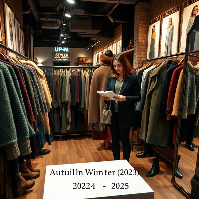 A stylish and cozy fashion scene set in an urban boutique, showcasing the latest trends for Autumn/Winter 2024/2025