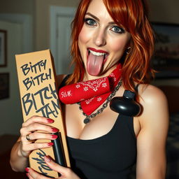 Close-up shot of a sexy redhead female with a large chest, wearing a tank top and punk-style chains