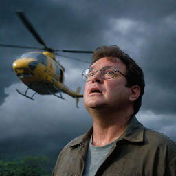 Create a beacon of hope in Dennis Nedry's desperate situation. His tearful face looks up to see an InGen-branded helicopter breaking through the stormy sky, its lights piercing the rain-drenched darkness swirling around Isla Nublar's Jurassic Park.