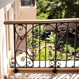 A beautifully designed railing with intricate patterns and stylish curves, made from wrought iron, showcasing a blend of modern and classic elements