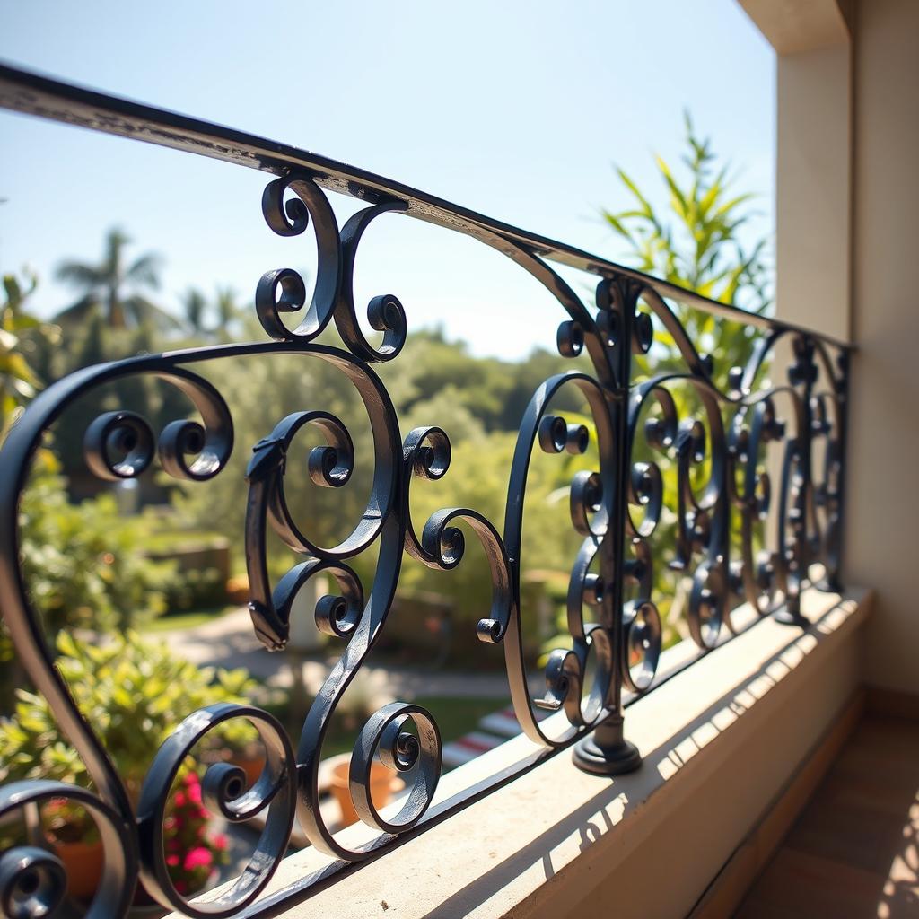 A beautifully designed railing with intricate patterns and stylish curves, made from wrought iron, showcasing a blend of modern and classic elements