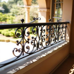 A beautifully designed railing with intricate patterns and stylish curves, made from wrought iron, showcasing a blend of modern and classic elements