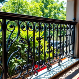 A beautifully designed railing with intricate patterns and stylish curves, made from wrought iron, showcasing a blend of modern and classic elements