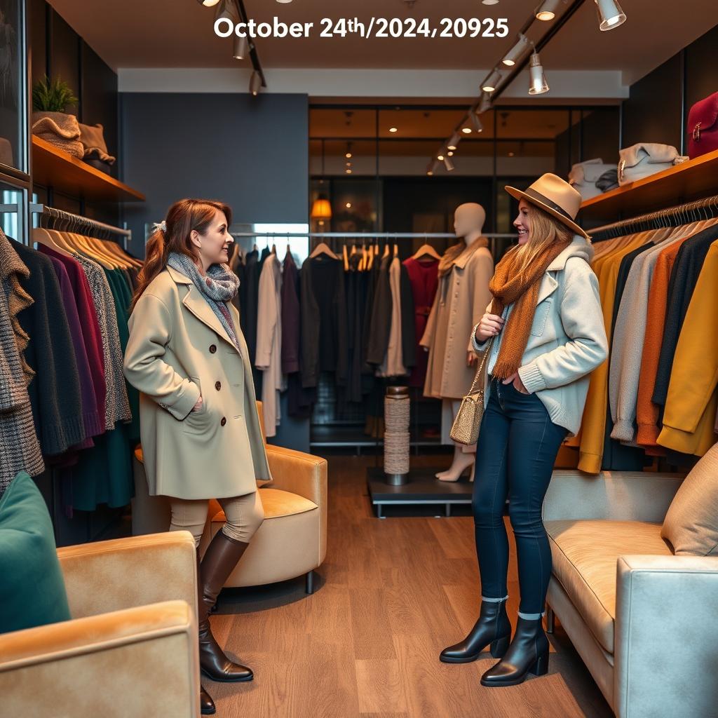 A fashionable meeting scene set in an upscale boutique on October 24th at 7:00 PM, focused on Autumn/Winter 2024/2025 fashion trends