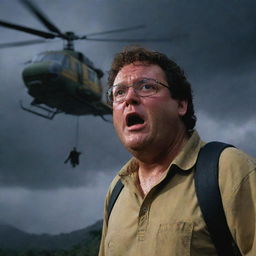 Create a beacon of hope in Dennis Nedry's desperate situation. His tearful face looks up to see an InGen-branded helicopter breaking through the stormy sky, its lights piercing the rain-drenched darkness swirling around Isla Nublar's Jurassic Park.