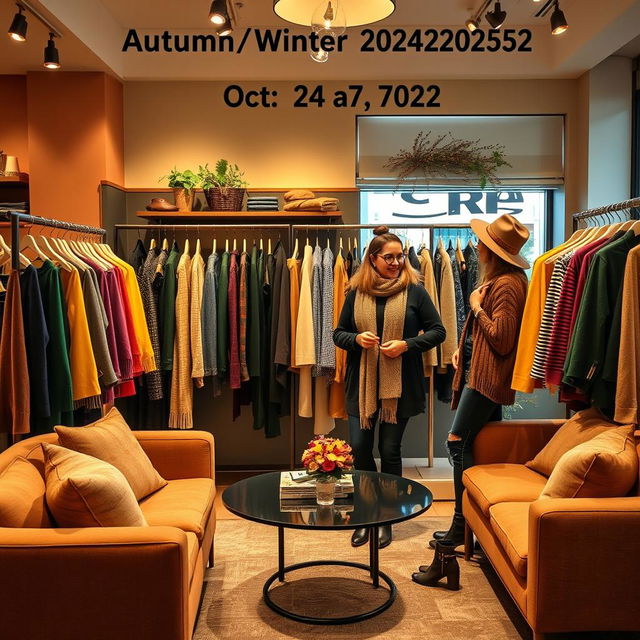 A fashionable meeting scene set in an upscale boutique on October 24th at 7:00 PM, focused on Autumn/Winter 2024/2025 fashion trends