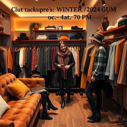 A fashionable meeting scene set in an upscale boutique on October 24th at 7:00 PM, focused on Autumn/Winter 2024/2025 fashion trends