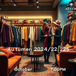 A fashionable meeting scene set in an upscale boutique on October 24th at 7:00 PM, focused on Autumn/Winter 2024/2025 fashion trends