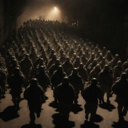 Large army marching under cover of darkness to attack enemy forces