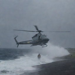 Depict the moment of relief as the InGen-branded helicopter lands in the midst of the storm-battered Isla Nublar. Dennis Nedry hastily boards the aircraft, his figure soaked and distraught, yet hopeful in the illumination of the helicopter lights.