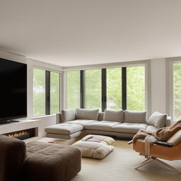 A rectangular living room with a modern TV unit facing an L-shaped couch. Throughout the room, corner windows sit next to a cozy fireplace, filling the space with light. A large, comfortable chair rests invitingly near the warmth.