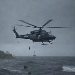 Depict the moment of relief as the InGen-branded helicopter lands in the midst of the storm-battered Isla Nublar. Dennis Nedry hastily boards the aircraft, his figure soaked and distraught, yet hopeful in the illumination of the helicopter lights.