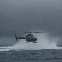 Depict the moment of relief as the InGen-branded helicopter lands in the midst of the storm-battered Isla Nublar. Dennis Nedry hastily boards the aircraft, his figure soaked and distraught, yet hopeful in the illumination of the helicopter lights.