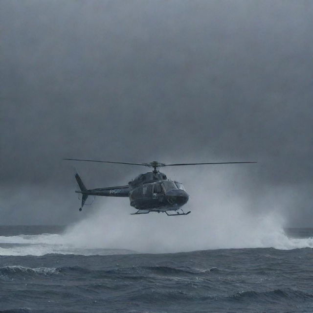 Depict the moment of relief as the InGen-branded helicopter lands in the midst of the storm-battered Isla Nublar. Dennis Nedry hastily boards the aircraft, his figure soaked and distraught, yet hopeful in the illumination of the helicopter lights.