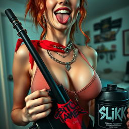 A close-up shot focusing on the chest and torso of a sexy redhead female wearing a tank top adorned with punk chains