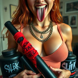 A close-up shot focusing on the chest and torso of a sexy redhead female wearing a tank top adorned with punk chains