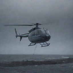 Depict the moment of relief as the InGen-branded helicopter lands in the midst of the storm-battered Isla Nublar. Dennis Nedry hastily boards the aircraft, his figure soaked and distraught, yet hopeful in the illumination of the helicopter lights.