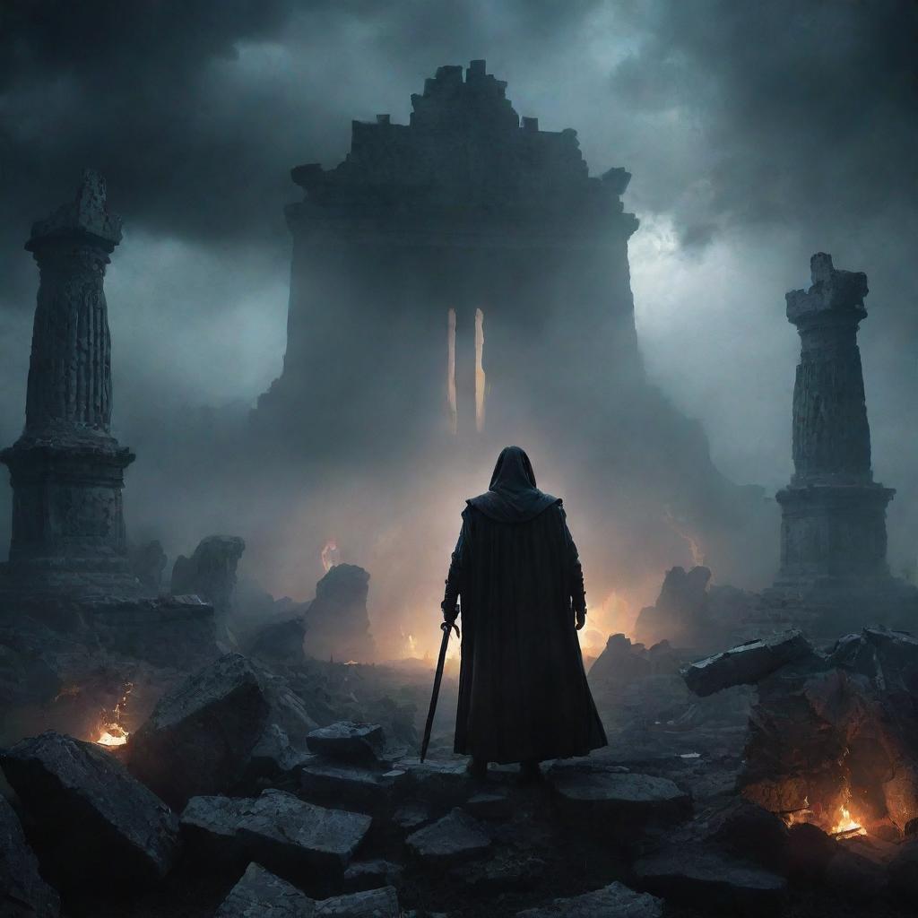 Create a poster for 'Wrath of the Forgotten'. Background: Dark, ominous landscape with mist-laden ancient ruins under a stormy sky. Foreground: Silhouettes of menacing figures with glowing eyes among the ruins. Centerpiece: A massive, vengeance-filled figure wielding a dark energy scepter, shrouded in tattered robes, their face hidden.