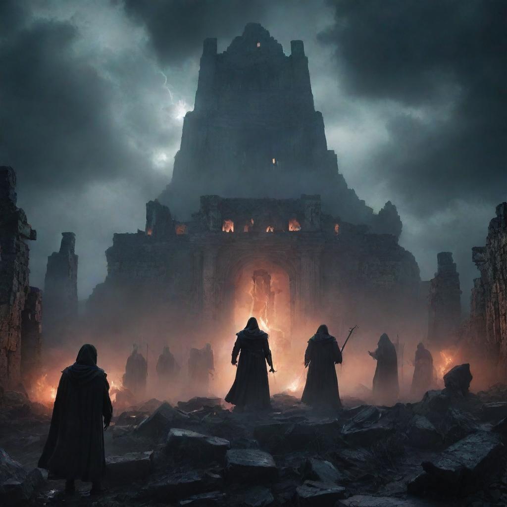 Create a poster for 'Wrath of the Forgotten'. Background: Dark, ominous landscape with mist-laden ancient ruins under a stormy sky. Foreground: Silhouettes of menacing figures with glowing eyes among the ruins. Centerpiece: A massive, vengeance-filled figure wielding a dark energy scepter, shrouded in tattered robes, their face hidden.