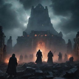 Create a poster for 'Wrath of the Forgotten'. Background: Dark, ominous landscape with mist-laden ancient ruins under a stormy sky. Foreground: Silhouettes of menacing figures with glowing eyes among the ruins. Centerpiece: A massive, vengeance-filled figure wielding a dark energy scepter, shrouded in tattered robes, their face hidden.