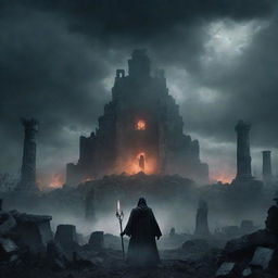 Create a poster for 'Wrath of the Forgotten'. Background: Dark, ominous landscape with mist-laden ancient ruins under a stormy sky. Foreground: Silhouettes of menacing figures with glowing eyes among the ruins. Centerpiece: A massive, vengeance-filled figure wielding a dark energy scepter, shrouded in tattered robes, their face hidden.