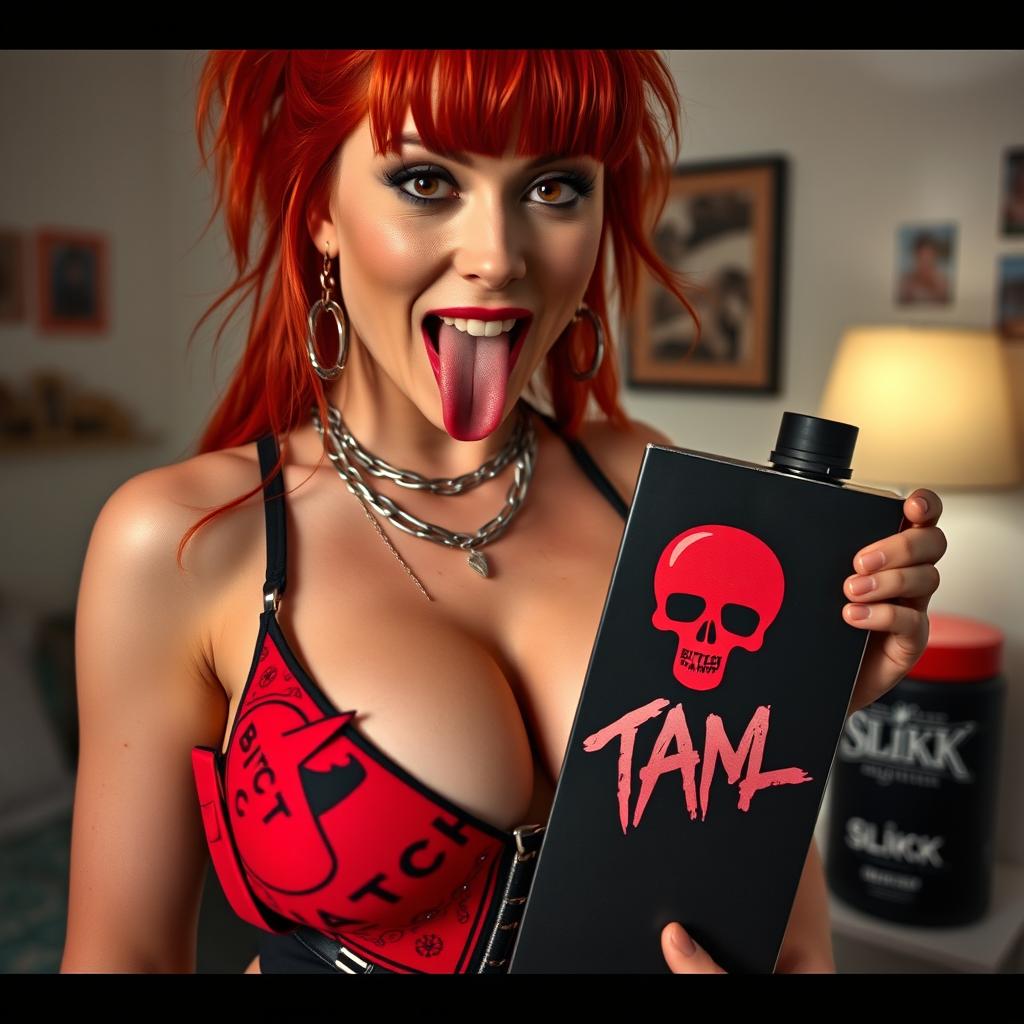 A close-up shot focusing on a sexy female redhead with a large chest and revealing cleavage in a tank top adorned with punk chains