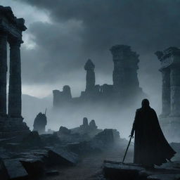 Create a poster for 'Wrath of the Forgotten'. Background: Dark, ominous landscape with mist-laden ancient ruins under a stormy sky. Foreground: Silhouettes of menacing figures with glowing eyes among the ruins. Centerpiece: A massive, vengeance-filled figure wielding a dark energy scepter, shrouded in tattered robes, their face hidden.